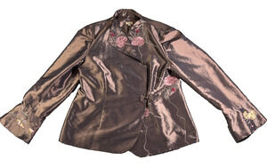 Mina Collections Womens L Embroidered Satin Jacket Floral Frog Closure Asian